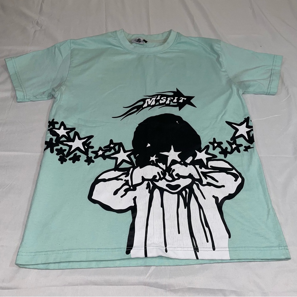 Misfit Graphic T-Shirt Mint Green Stars Streetwear Kids Large‎ L Crew Neck Tee